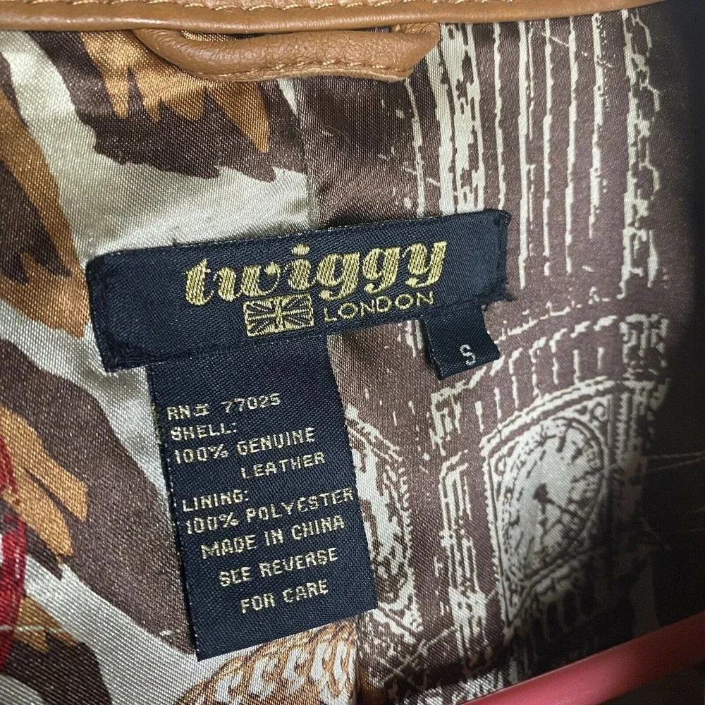 Twiggy of London Tan Leather Full Zip Moto Jacket Hipster Biker Punk Rock Small - Picture 4 of 12